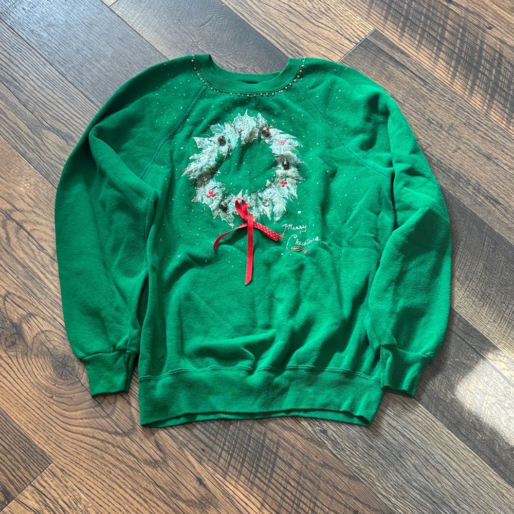 Vintage Green Puffy Paint Christmas Wreath Lee Sweater Women’s Size Large